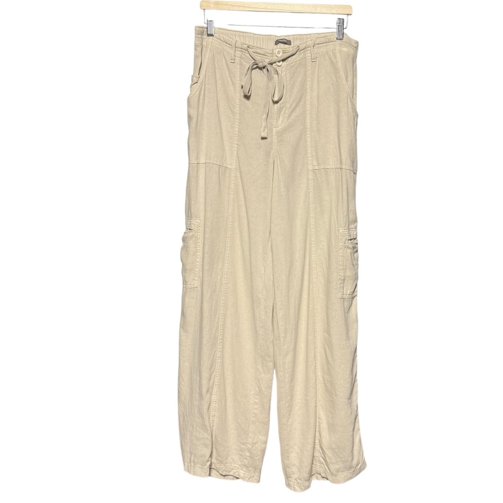 MAURICES linen wide leg elastic drawstring cargo pant cream/tan Size 10 LONG
